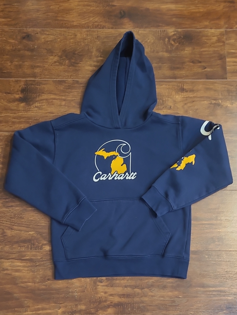 Carhartt Kids Navy Blue Hoodie with Yellow Graphic Size 10/12